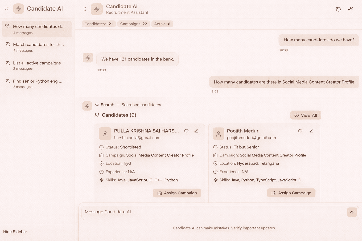 CoffeeRMS AI copilot interface inside the recruiter workspace.